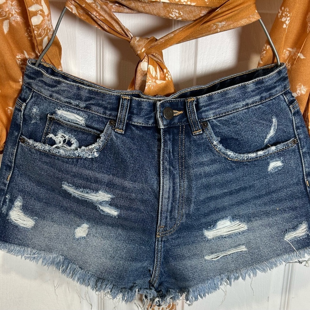 Zara Dark Blue High Waist Distressed Denim Shorts